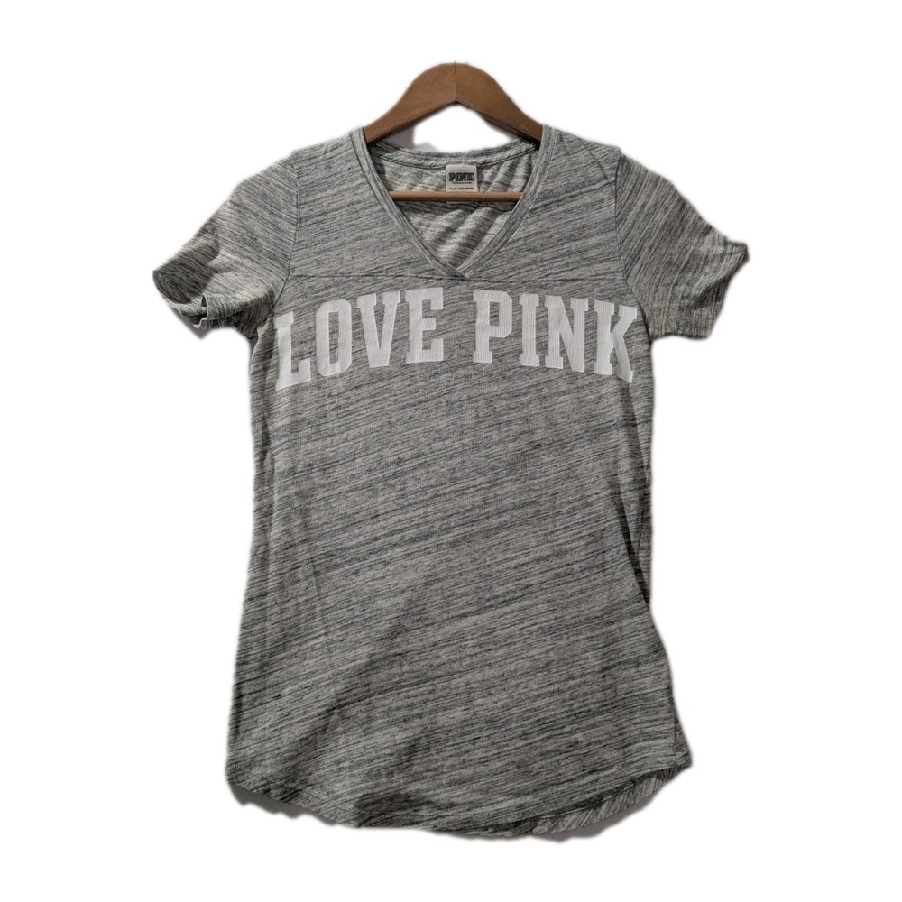 Y2K Victoria's Secret PINK Love Pink Gray Heather V-Neck Tee XS Vintage‎ Dog